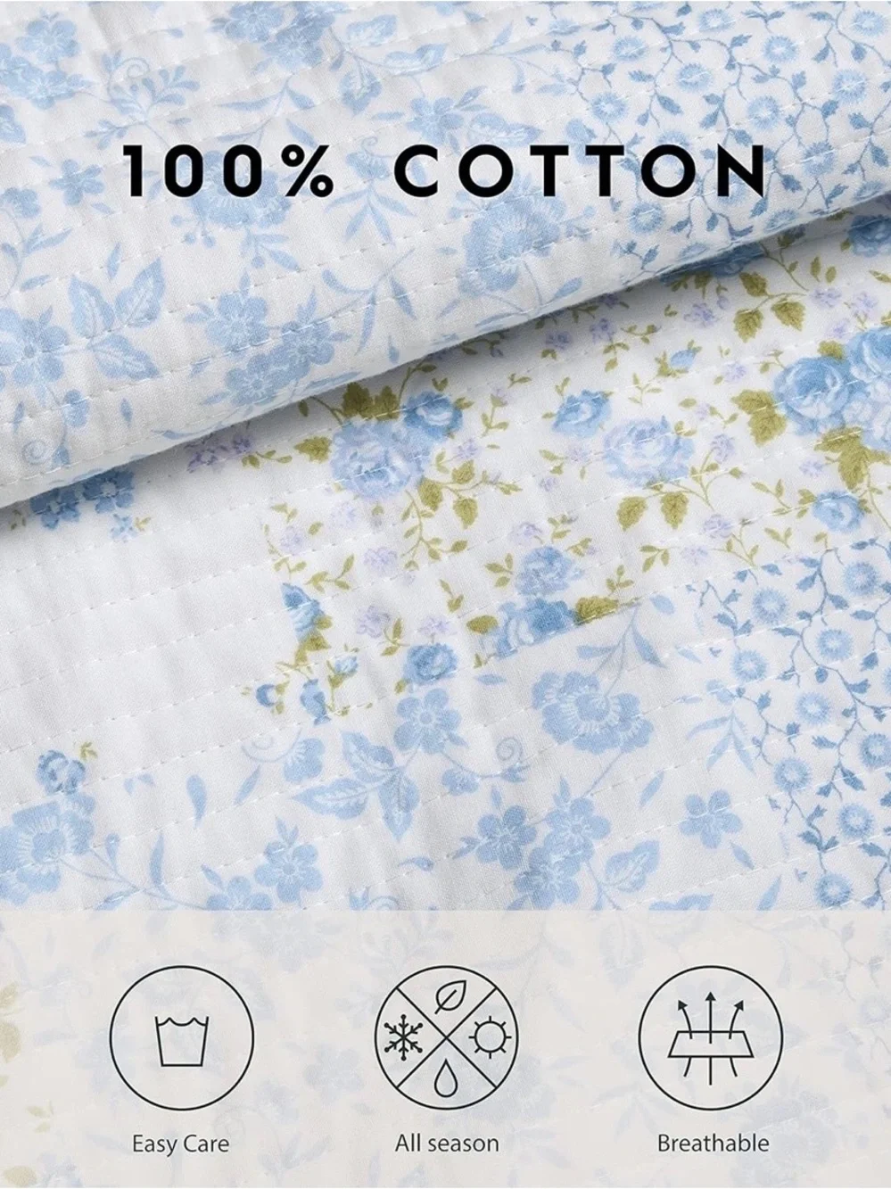Laura Ashley Light Blue Floral Patchwork Quilt Set - Classic Home Bedding Queen